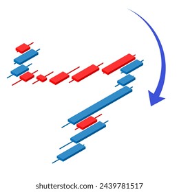 Ilustración isométrica de un gráfico de caída tridimensional. Material infográfico para inversión y forex. Ilustración de una vista superior, sin línea principal.