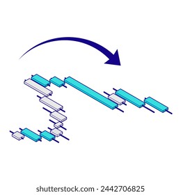Isometric illustration of a three-dimensional falling chart. Infographic material for investment and forex. Simple illustration with top view method 2 and main lines. 