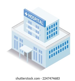 It is an isometric illustration of a three-dimensional hospital.