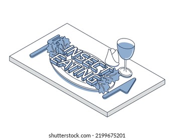 It is an isometric illustration with three-dimensional letters written as INSECT EATING lined up on a plate.