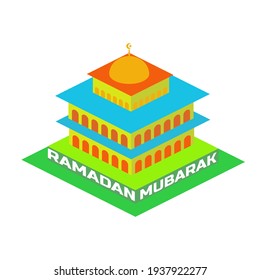isometric illustration of a three-tiered mosque with the words "Ramadan Mubarak"
