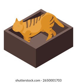 Ilustração isométrica de um lobo-da-tasmânia, um marsupial extinto, muitas vezes chamado de tigre-da-tasmânia, entrando em uma caixa de madeira