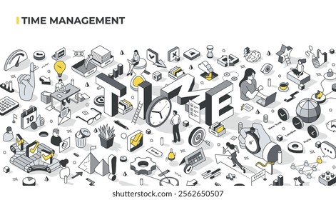 Isometric illustration of time management, featuring clocks, checklists, calendars, and task lists. The word TIME is central, surrounded by people working, gears, and symbols of productivity