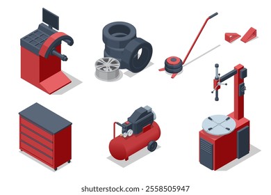 Isometric illustration of tire service equipment, including a balancing machine, tire changer, compressor, tool cabinet, jack, and wheel accessories. Essential tools for tire repair.