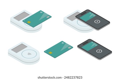 Isometric illustration: touch payment with card and smartphone