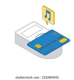It is an isometric illustration of a touch payment with a credit card.