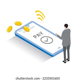 It is an isometric illustration of a touch payment with a smartphone.