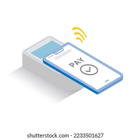 Es una ilustración isométrica de un pago táctil con un smartphone.