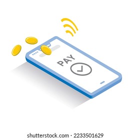 It is an isometric illustration of a touch payment with a smartphone.