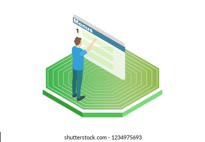 Isometric illustration touch screen panel for selecting menus, vector illustration
