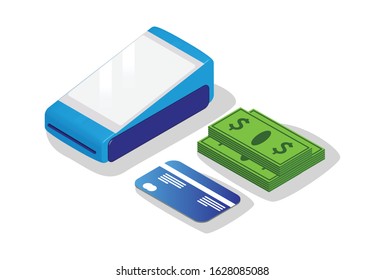 Isometric illustration touchscreen EDC machine with credit card,  Suitable for Diagrams, Infographics, Book Illustration, Game Asset, And Other Graphic Related Assets