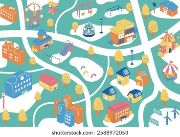 Isometric illustration of a town landscape
