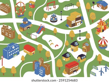 Isometric illustration of a town landscape