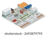 Isometric illustration of a townscape in front of a train station.