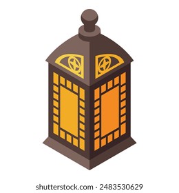 Isometric illustration of a traditional arabic lantern, casting a warm glow