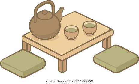 An isometric illustration of a traditional Japanese tea setting with a teapot, two tea cups, and floor cushions around a low wooden table.