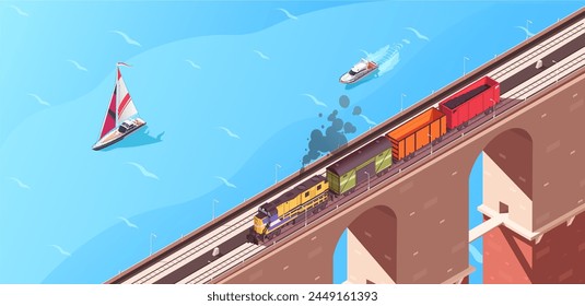 Ilustración isométrica de un tren en un puente con barcos en el agua debajo, sobre un fondo azul, que representa el transporte. Ilustración vectorial