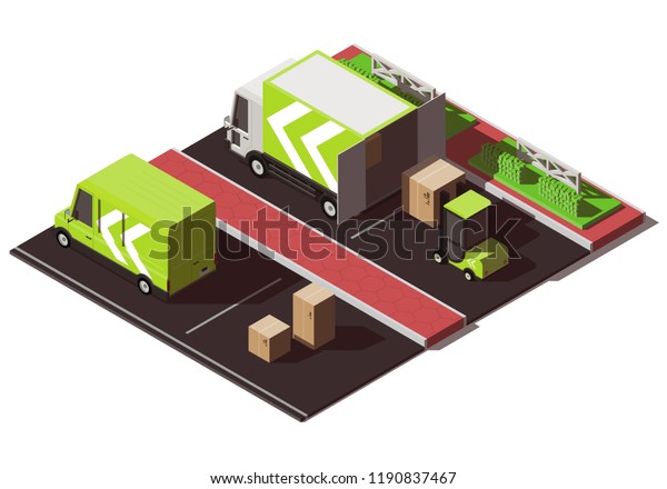 Isometric illustration with truck, van and forklift\
loading box
