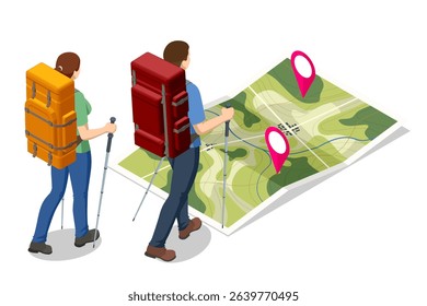 Isometric illustration of two backpackers with trekking poles studying a large topographic map dotted with location pins, planning their hiking adventure.
