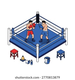 An isometric illustration of two boxers in a boxing ring, wearing gloves and shorts, poised for a match.