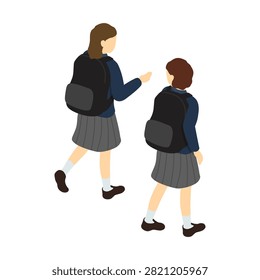 Isometric illustration: Two high school girls walking (back, winter uniform)