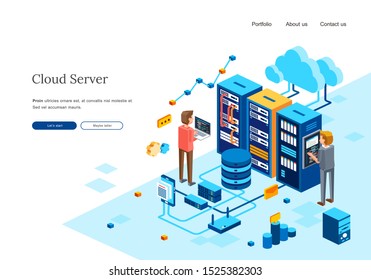 isometric illustration of two people maintenance computer server in data center room. Cloud server maintenance by two man character. web server homepage or landing page template