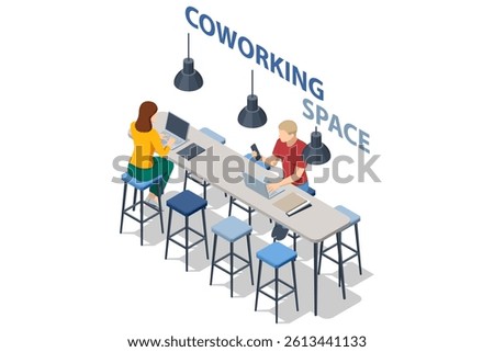 Isometric illustration of two people working in a coworking space with laptops and bar stools under stylish hanging lights. Business planning, work strategy, coworking space
