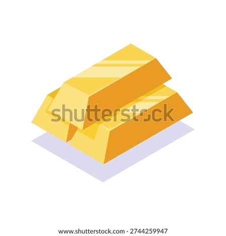 Isometric illustration of two shiny gold bars stacked on a flat surface indoors, Isometric gold bars stacked on a surface.