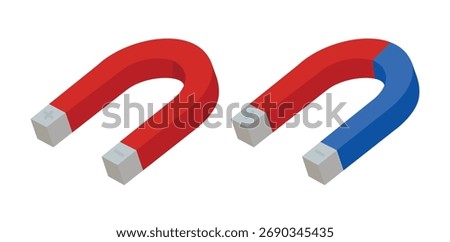 Isometric illustration of two U-shaped magnets showing magnetic poles in red and blue colors