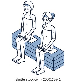 It Is An Isometric Illustration Of Two Women Who Enjoy Sweating In A Silent Bath In The Sauna.