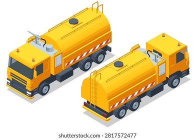 Isometric illustration of two yellow water tanker trucks shown from front and rear views, featuring large tanks, spray equipment and municipal utility transport for road service work