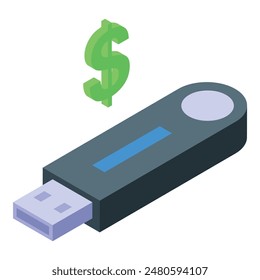 Isometrische Darstellung eines USB-Flash-Laufwerks mit grünem Dollarzeichen, das Datenwert und digitale Währungsspeicherung symbolisiert