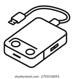 Isometric illustration of a USB powered portable charger with cable attached for modern device charging