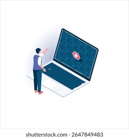 Isometric illustration. A user points at a laptop screen displaying a hexagonal pattern (often representing encryption or a secure gateway) and a small shield icon