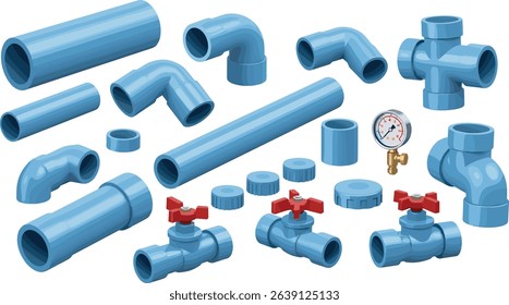 Isometric illustration of various blue plumbing and water pipeline components with valves, gauges and connectors for industrial fluid systems