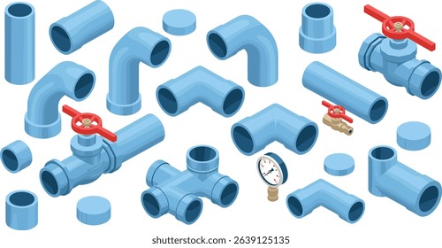 Isometric illustration of various blue plumbing and water pipeline components with valves, gauges and connectors for industrial fluid systems