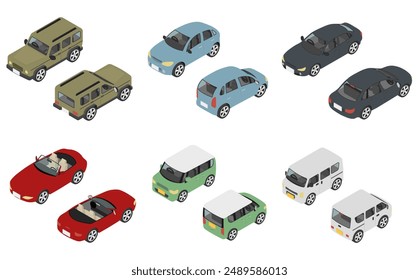 Isometric illustration: various car set