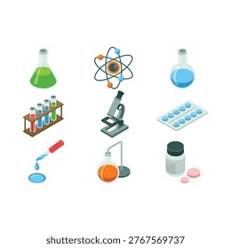 Isometric illustration of various scientific laboratory equipment and chemical structures