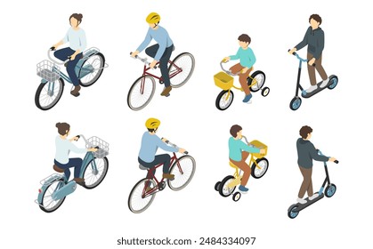 Isometric illustration: Various sets of people riding bicycles