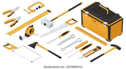 Isometric illustration of various tools and a toolbox. Vector illustration