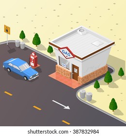 Isometric illustration, vector graphics with the image of a gas station, advertising, design, symbol.
