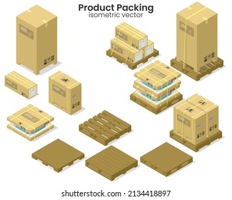 Vector de ilustración isométrico del embalaje de productos HVAC incluido HVAC y embalaje y paleta