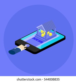 Isometric illustration, vector. Pay via online Bank in your mobile phone.
