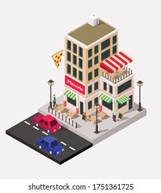 Isometric Illustration Vector de una pizzería en una calle con gente y coches