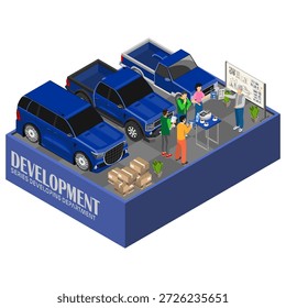 Ilustración isométrica de la etapa de desarrollo del vehículo con prototipos de automóviles, ingenieros probando y validando el rendimiento antes de la producción en masa en una instalación automotriz.
