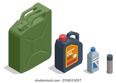 An isometric illustration of vehicle maintenance items, including a green fuel can, a black container of engine oil, a blue-capped bottle, and a spray can. Essential garage supplies.