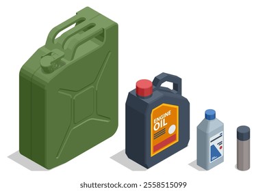 An isometric illustration of vehicle maintenance items, including a green fuel can, a black container of engine oil, a blue-capped bottle, and a spray can. Essential garage supplies.