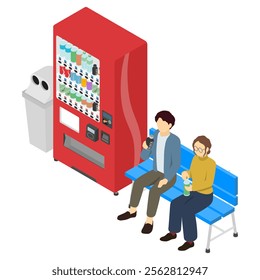 Isometric illustration: vending machine and person drinking a drink on a bench