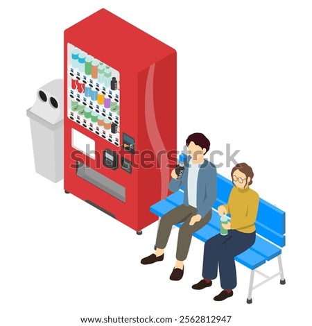 Isometric illustration: vending machine and person drinking a drink on a bench