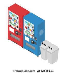 Isometric illustration: vending machines and trash bins